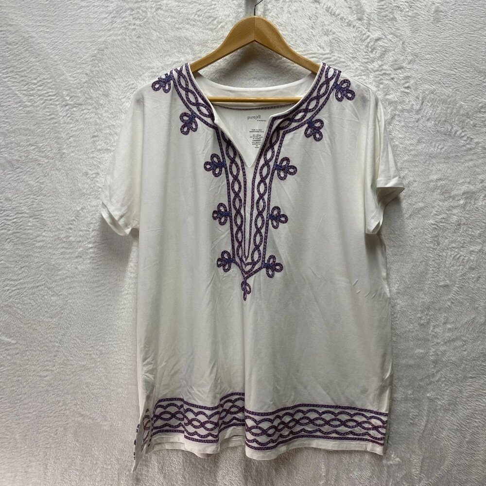 Pure J. Jill Tunic Top Boho XL Petite White Embroidered Cotton Filigree Festival